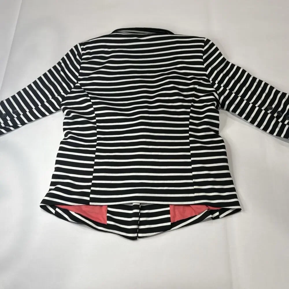 MONTEAU Size M Stripe Blazer Jacket Black White Hot Pink Lined Button Stretch - Picture 3 of 8